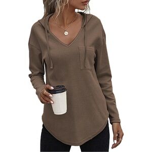 NWOT • Casual Brown Waffle Knit Hoodie Top